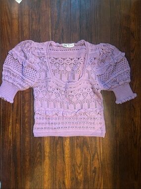 Zara Lilac Openwork Puff-Sleeve Knit Top